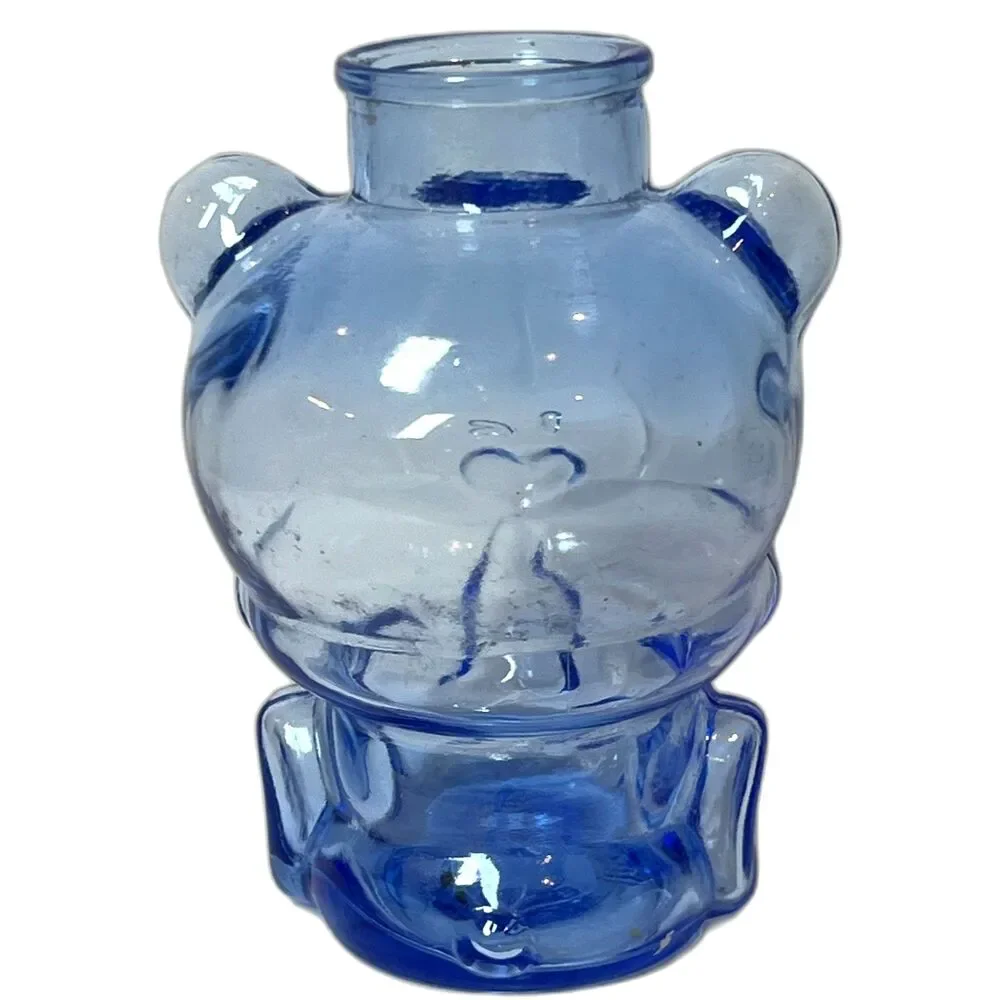Vintage Morning Glory Blue Glass Bear Jar Vase Art Glass Bottle 76019 No Stopper